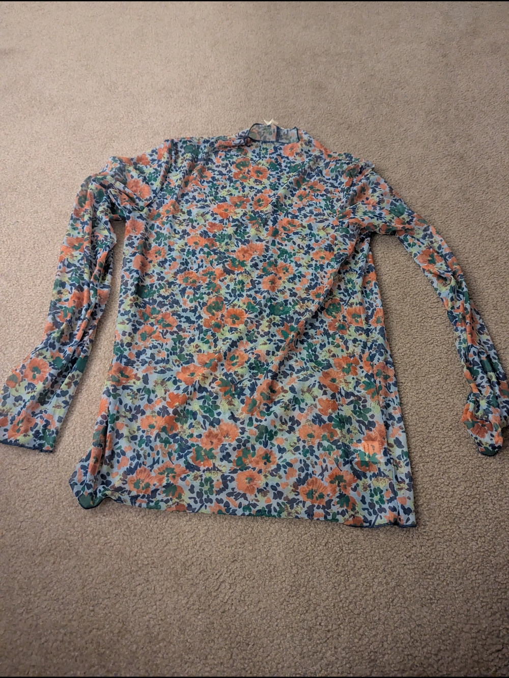 Floral Sheer Layering Long Sleeve Mock Neck Top - Coral & Blue
